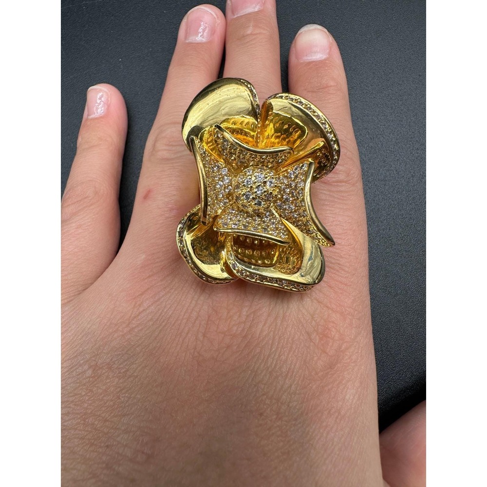 Gold Tone Statement Ring Size 10.75 Pave Rhinestone Cocktail Fashion Jewelry